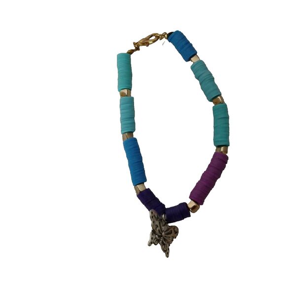 handmade Other - clay bead bracelet with butterfly charm blue, purple teal turquoise, handmade